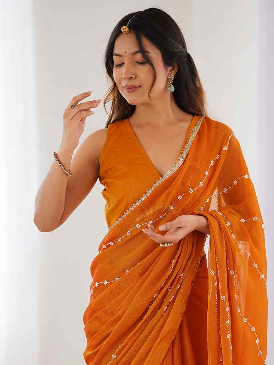 Yellow Sitara Chiffon Embroidered Festival Wedding Fancy Heavy Border Saree