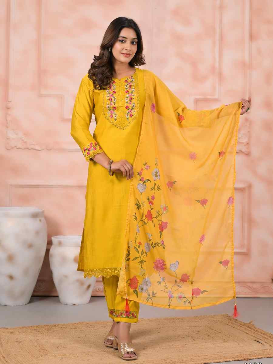 Yellow Slik Embroidered Party Casual Ready Pant Salwar Kameez