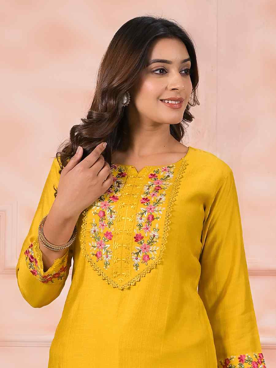 Yellow Slik Embroidered Party Casual Ready Pant Salwar Kameez
