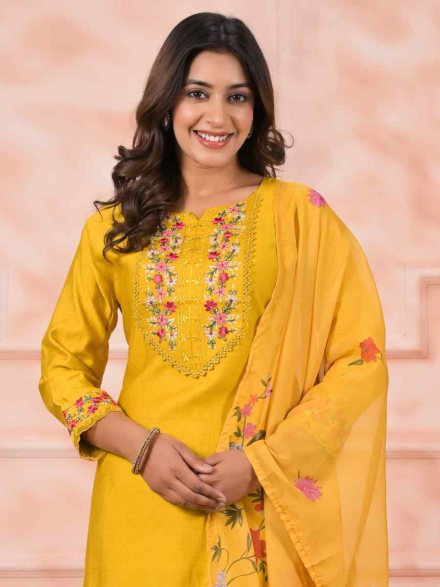 Yellow Slik Embroidered Party Casual Ready Pant Salwar Kameez