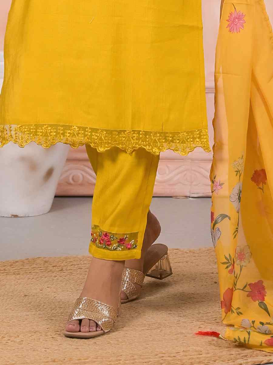 Yellow Slik Embroidered Party Casual Ready Pant Salwar Kameez