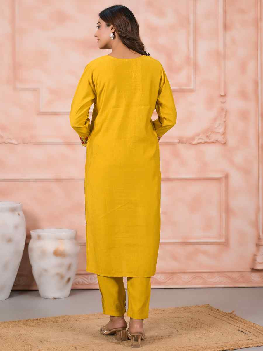 Yellow Slik Embroidered Party Casual Ready Pant Salwar Kameez