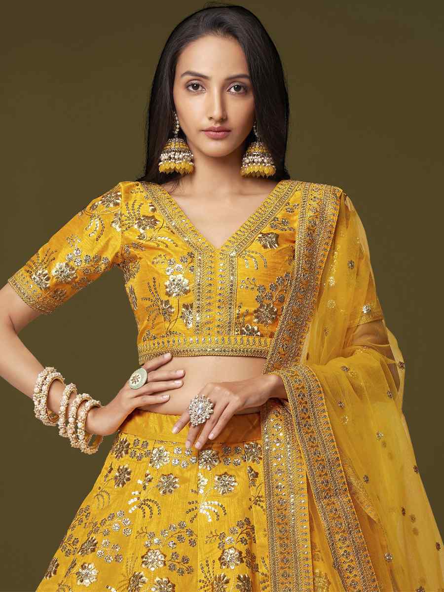 Yellow Slub Silk Embroidered Engagement Wedding Heavy Border Lehenga Choli