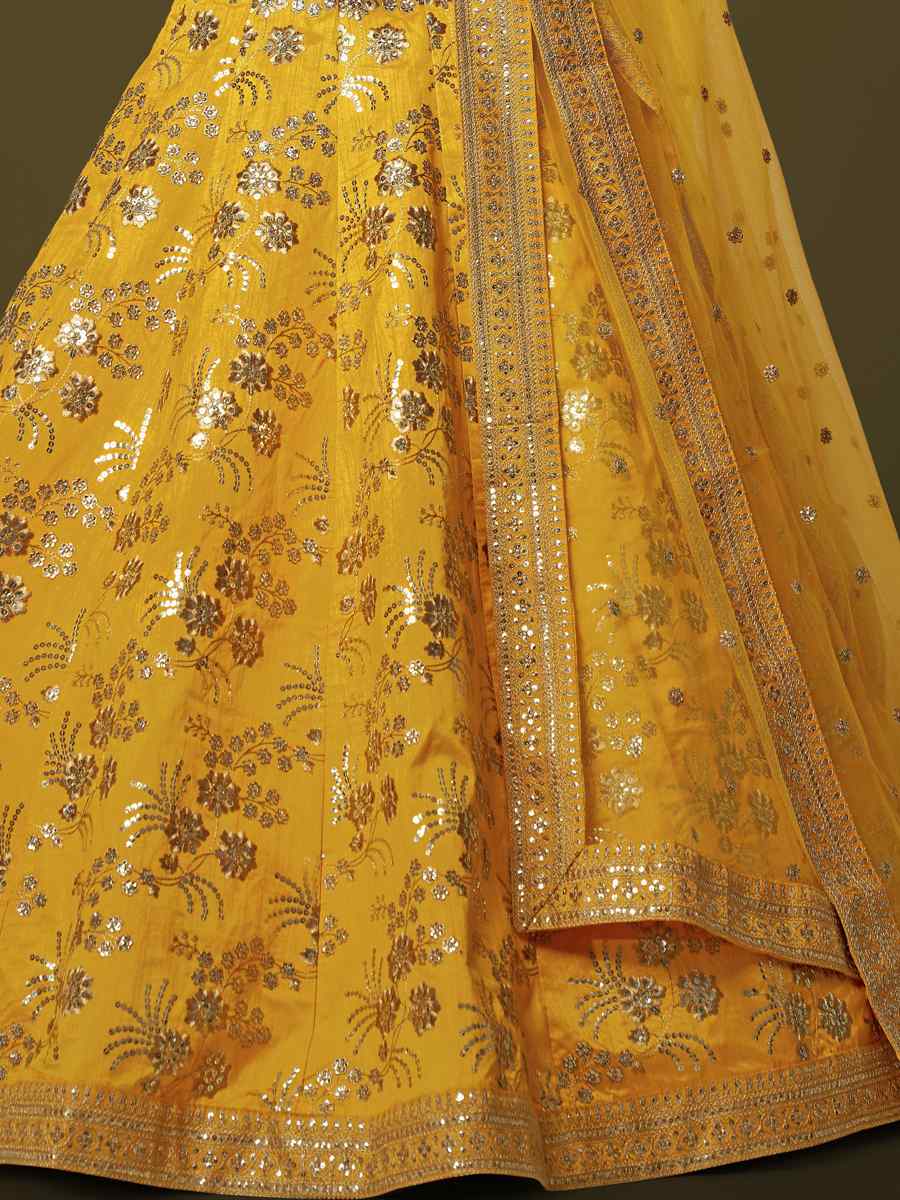 Yellow Slub Silk Embroidered Engagement Wedding Heavy Border Lehenga Choli