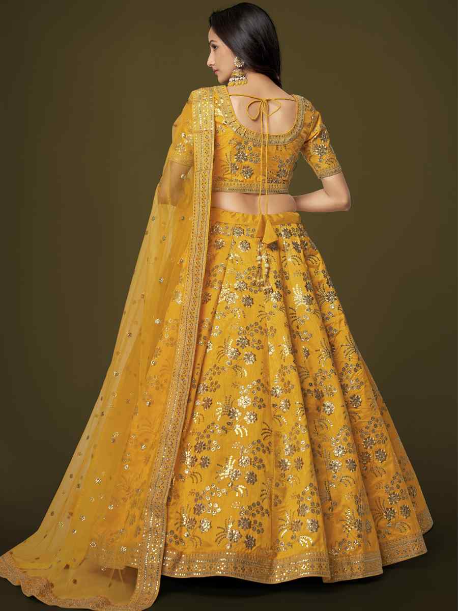 Yellow Slub Silk Embroidered Engagement Wedding Heavy Border Lehenga Choli