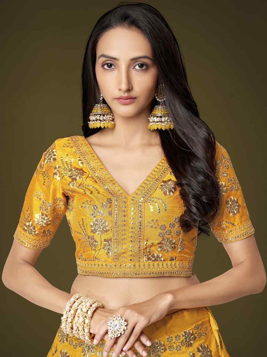 Yellow Slub Silk Embroidered Engagement Wedding Heavy Border Lehenga Choli