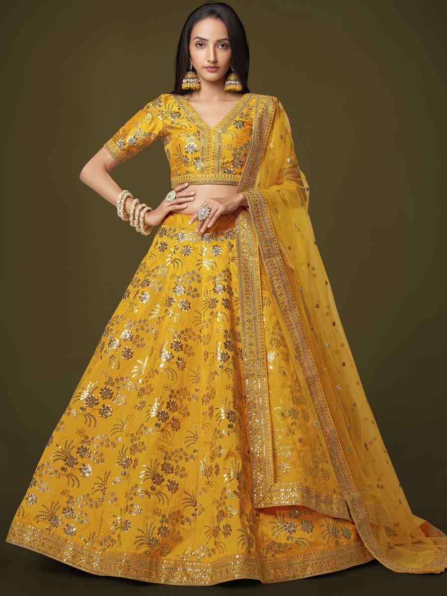 Yellow Slub Silk Embroidered Engagement Wedding Heavy Border Lehenga Choli