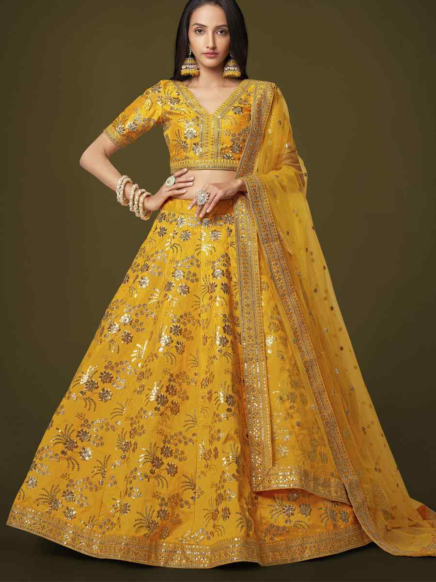 Yellow Slub Silk Embroidered Wedding Reception Festival Heavy Border Lehenga Choli
