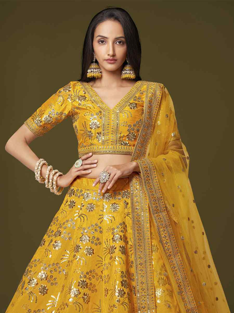 Yellow Slub Silk Embroidered Wedding Reception Festival Heavy Border Lehenga Choli