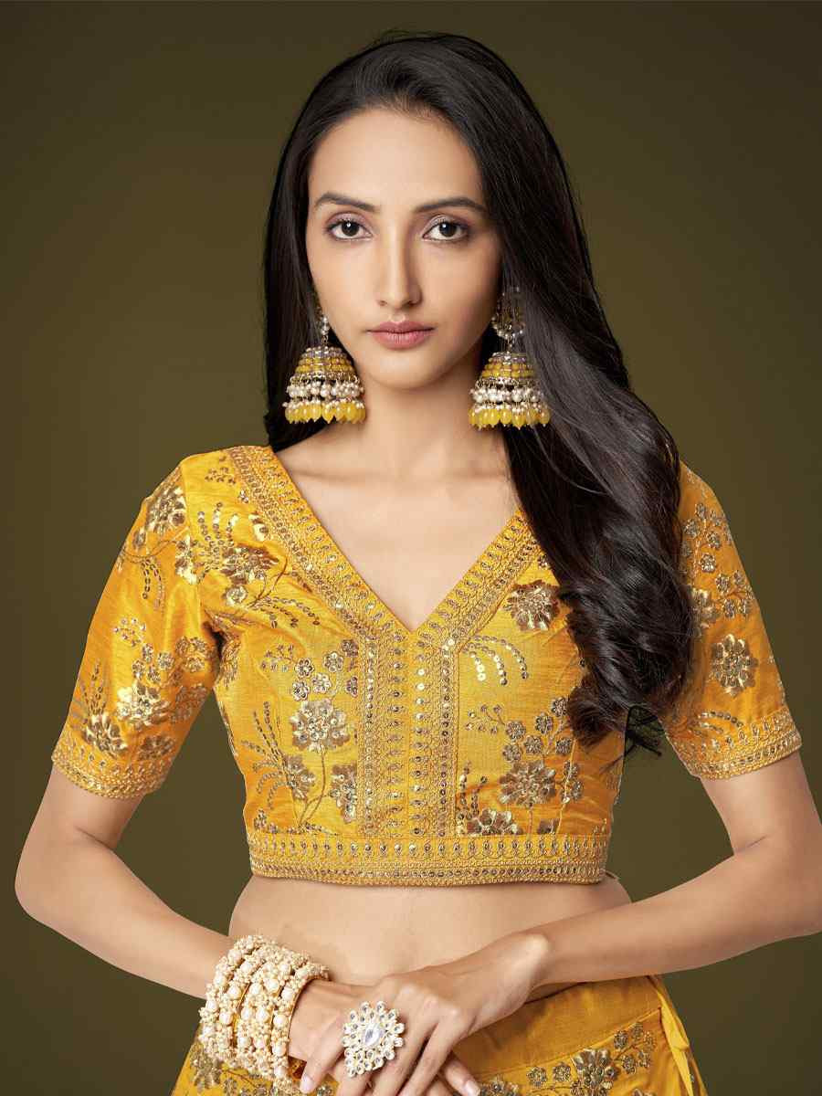 Yellow Slub Silk Embroidered Wedding Reception Festival Heavy Border Lehenga Choli