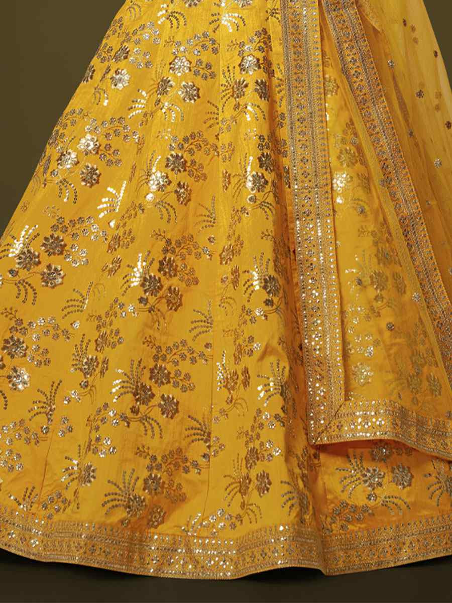 Yellow Slub Silk Embroidered Wedding Reception Festival Heavy Border Lehenga Choli