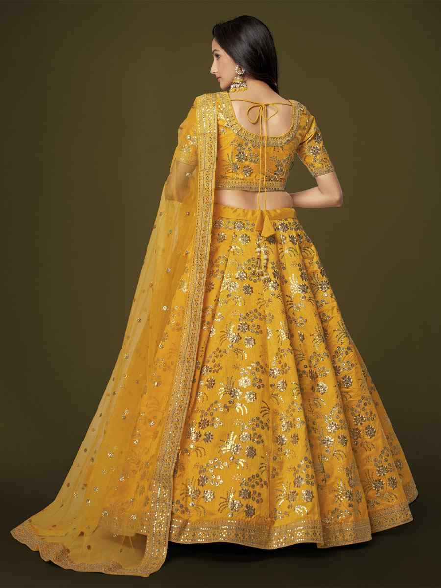 Yellow Slub Silk Embroidered Wedding Reception Festival Heavy Border Lehenga Choli