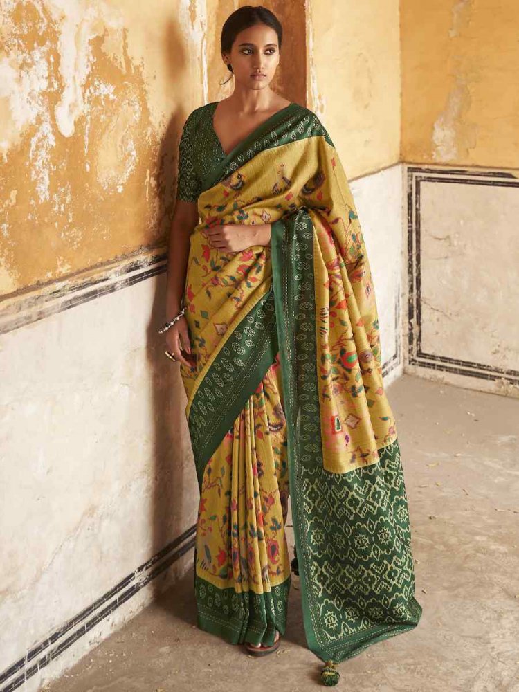 Yellow Smooth Silk Printed Casual Festival Contemporary Saree