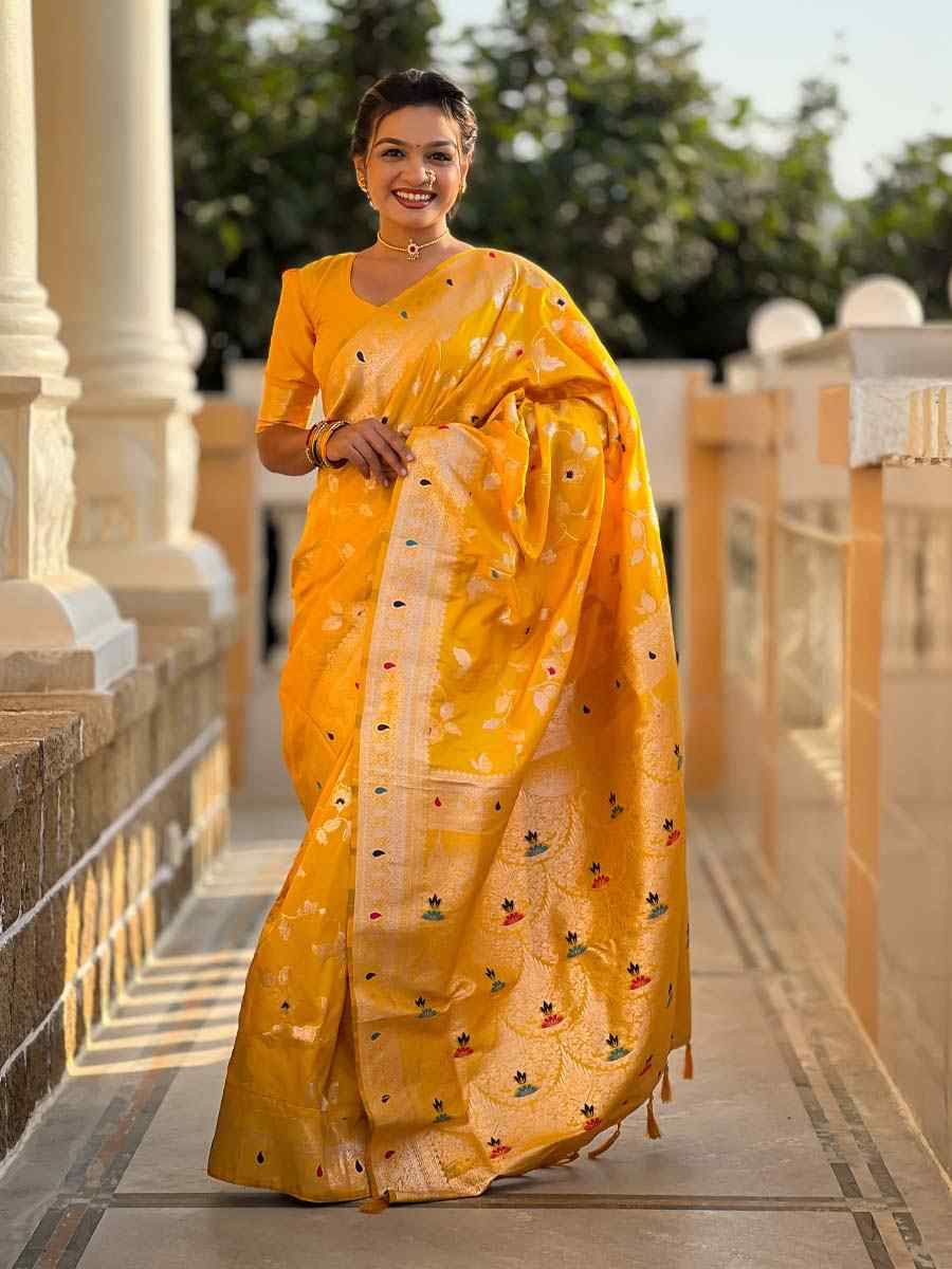 Yellow Soft Banarashi Silk Handwoven Festival Wedding Fancy Heavy Border Saree