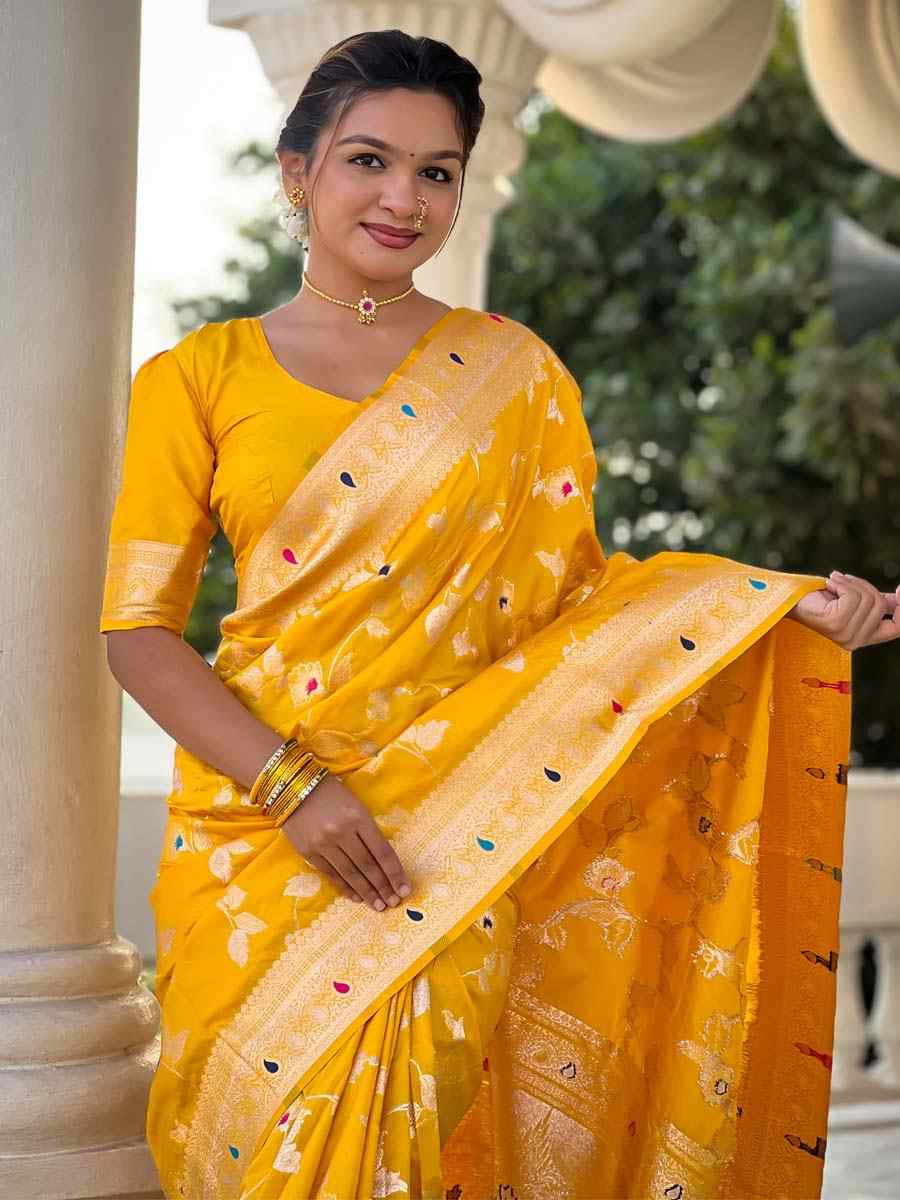 Yellow Soft Banarashi Silk Handwoven Festival Wedding Fancy Heavy Border Saree