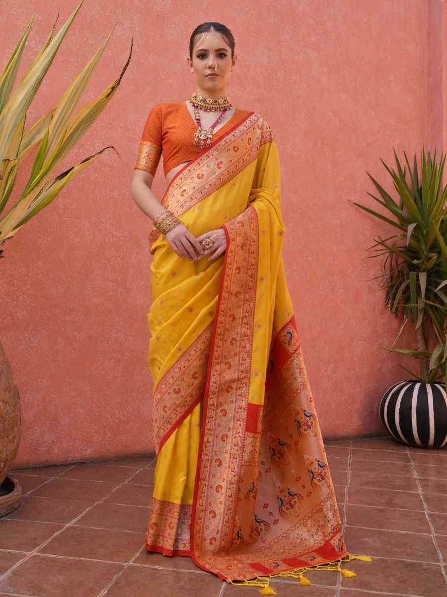 Yellow Soft Banarasi Silk Handwoven Casual Reception Festival Wedding Fancy Heavy Border Saree