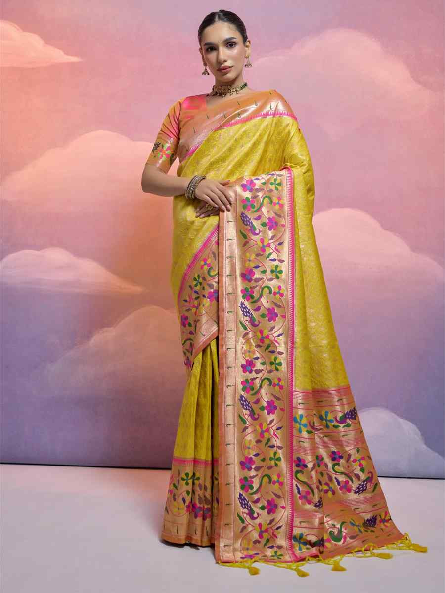 Yellow Soft Banarasi Silk Kanjivaram Party Bridal Reception Festival Wedding Fancy Heavy Border Saree