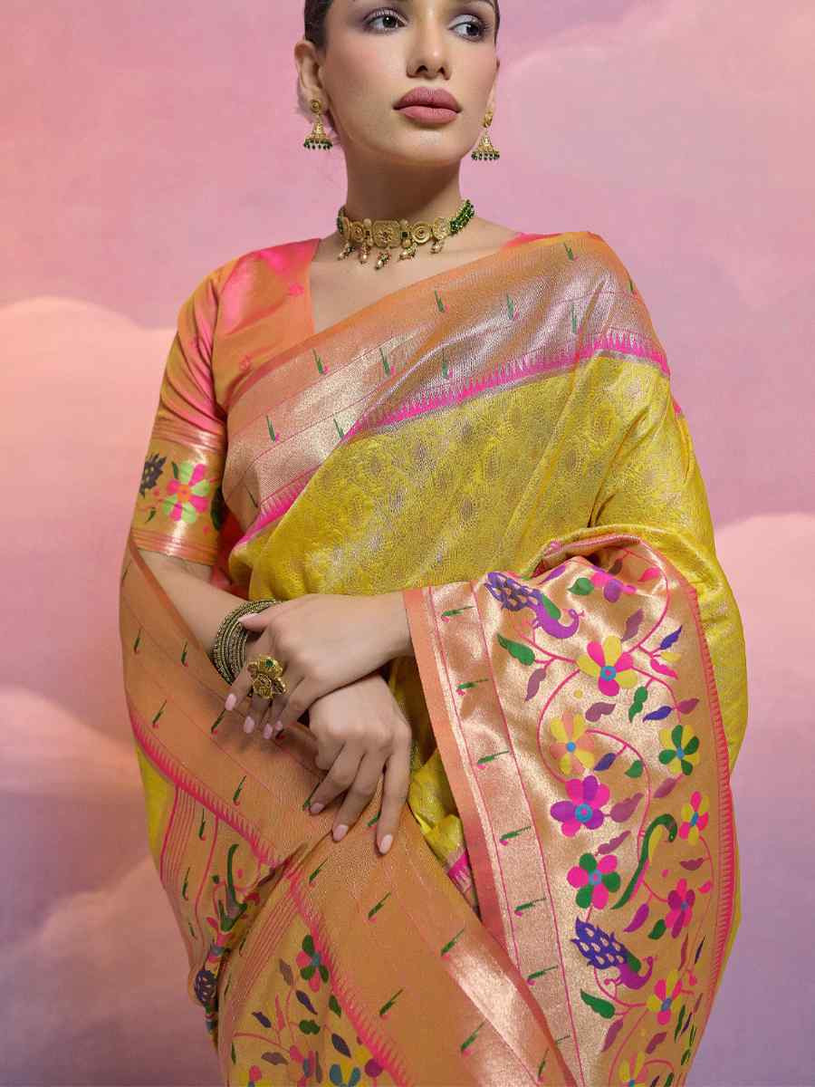 Yellow Soft Banarasi Silk Kanjivaram Party Bridal Reception Festival Wedding Fancy Heavy Border Saree