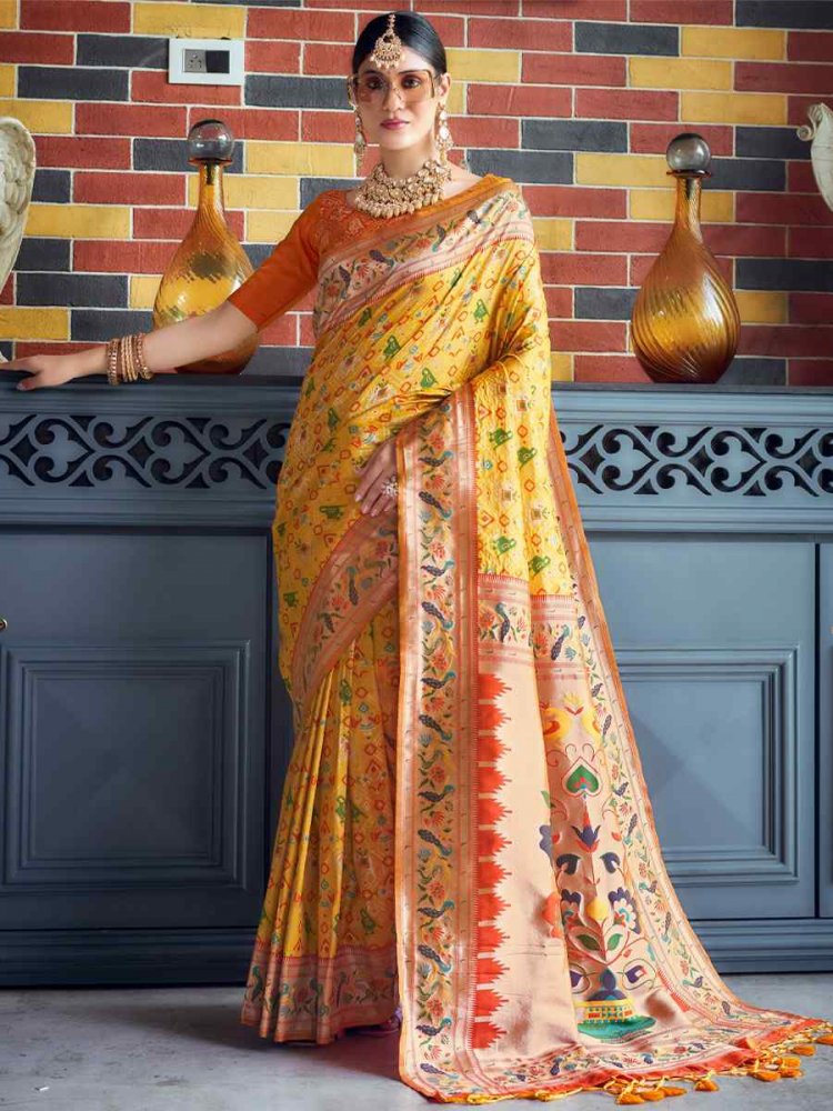 Yellow Soft Banarsi Katan Silk Handwoven Wedding Festival Heavy Border Saree