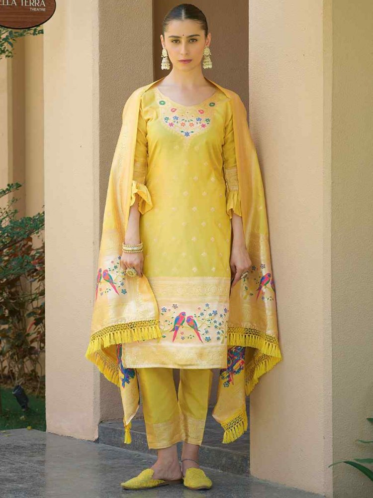 Yellow Soft Banarsi Silk Embroidered Casual Festival Pant Salwar Kameez