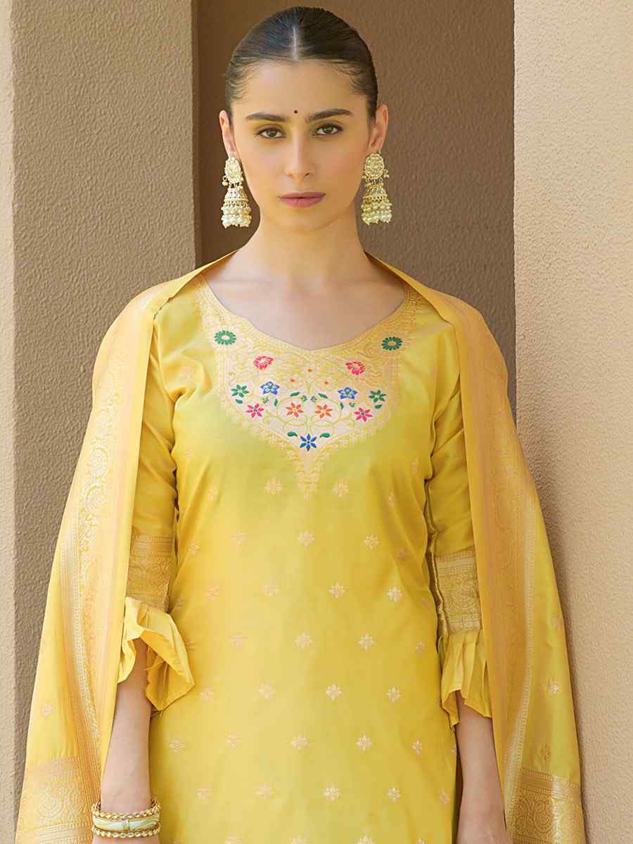 Yellow Soft Banarsi Silk Embroidered Casual Festival Pant Salwar Kameez