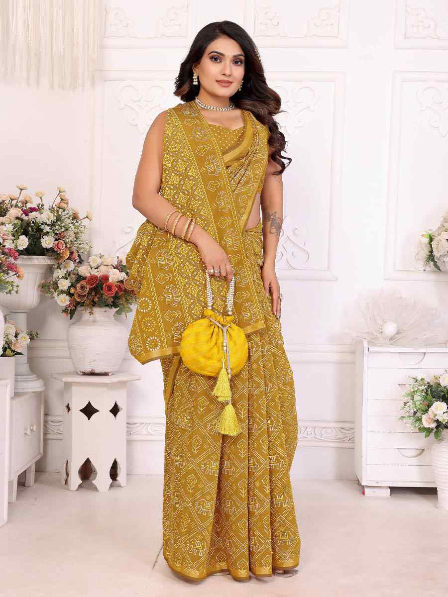 Yellow Soft Cotton Bandhej Print Zari Weaving Work Festival Wedding Fancy Heavy Border Saree