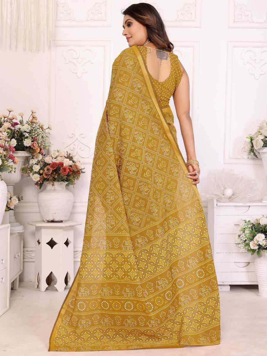 Yellow Soft Cotton Bandhej Print Zari Weaving Work Festival Wedding Fancy Heavy Border Saree