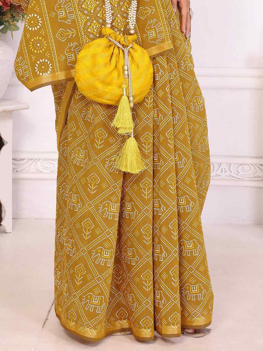 Yellow Soft Cotton Bandhej Print Zari Weaving Work Festival Wedding Fancy Heavy Border Saree