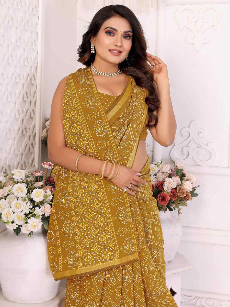 Yellow Soft Cotton Bandhej Print Zari Weaving Work Festival Wedding Fancy Heavy Border Saree