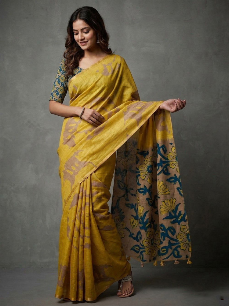 Image of Yellow Soft cotton based Linen Fancy Kalamkari Print Zari border Wedding Reception Party Festival Casual Heavy Border Sarees