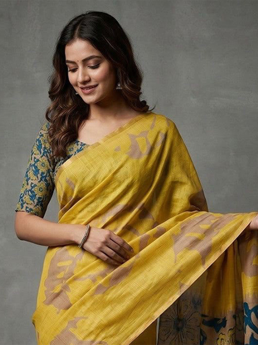 Yellow Soft cotton based Linen Fancy Kalamkari Print Zari border Wedding Reception Party Festival Casual Heavy Border Sarees