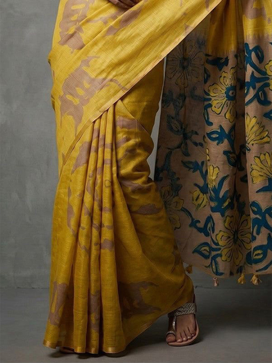 Yellow Soft cotton based Linen Fancy Kalamkari Print Zari border Wedding Reception Party Festival Casual Heavy Border Sarees