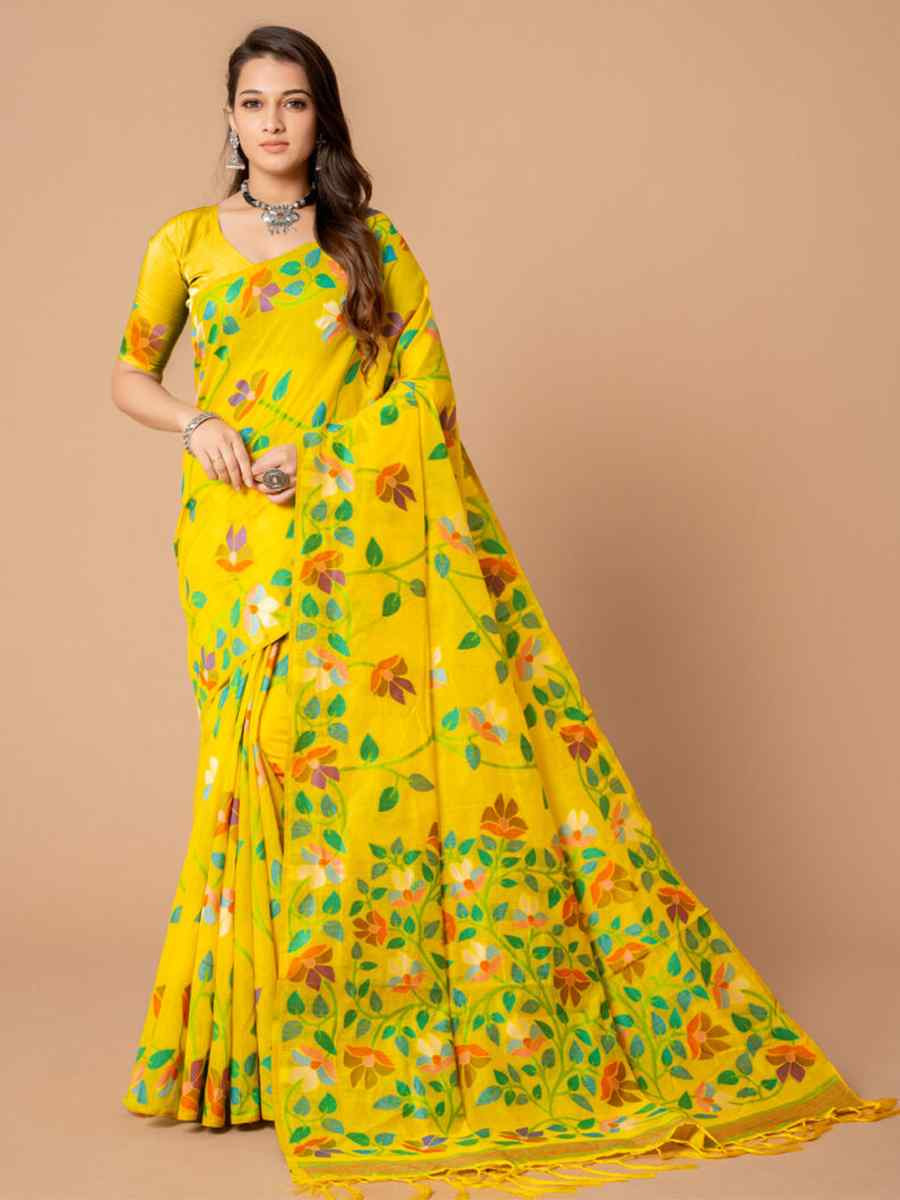 Yellow Soft Cotton Printed Festival Wedding Fancy Casual Contemporary Saree