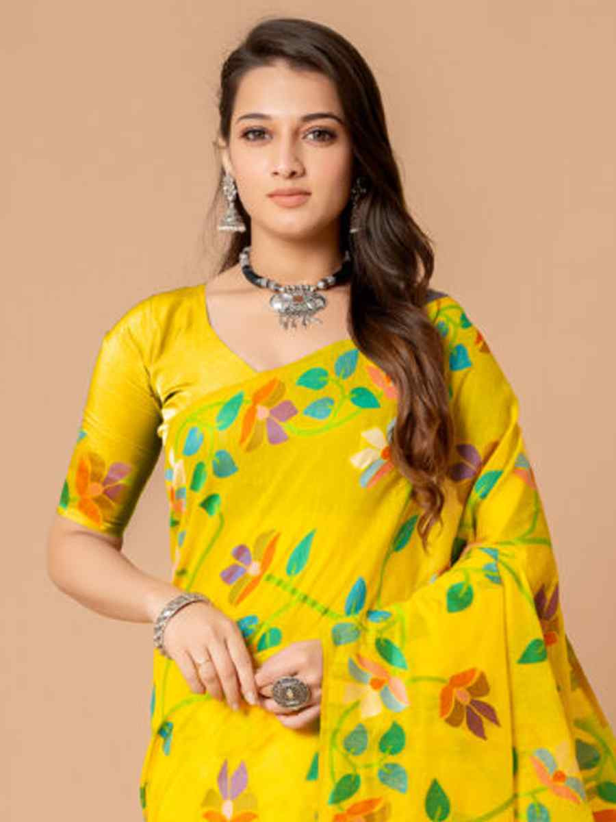Yellow Soft Cotton Printed Festival Wedding Fancy Casual Contemporary Saree