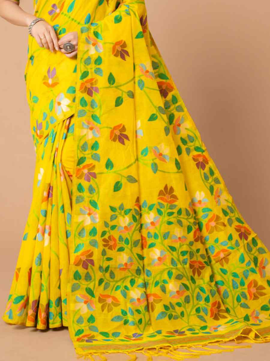 Yellow Soft Cotton Printed Festival Wedding Fancy Casual Contemporary Saree