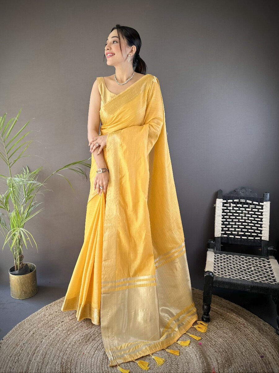 Yellow Soft Cotton Zari Wedding Reception Party Festival Heavy Border Sarees