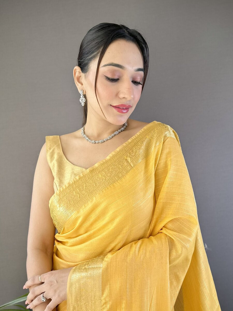 Yellow Soft Cotton Zari Wedding Reception Party Festival Heavy Border Sarees