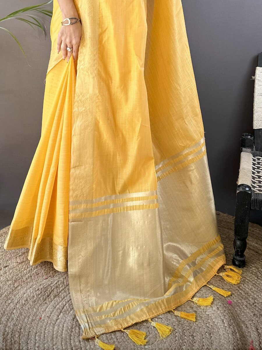 Yellow Soft Cotton Zari Wedding Reception Party Festival Heavy Border Sarees