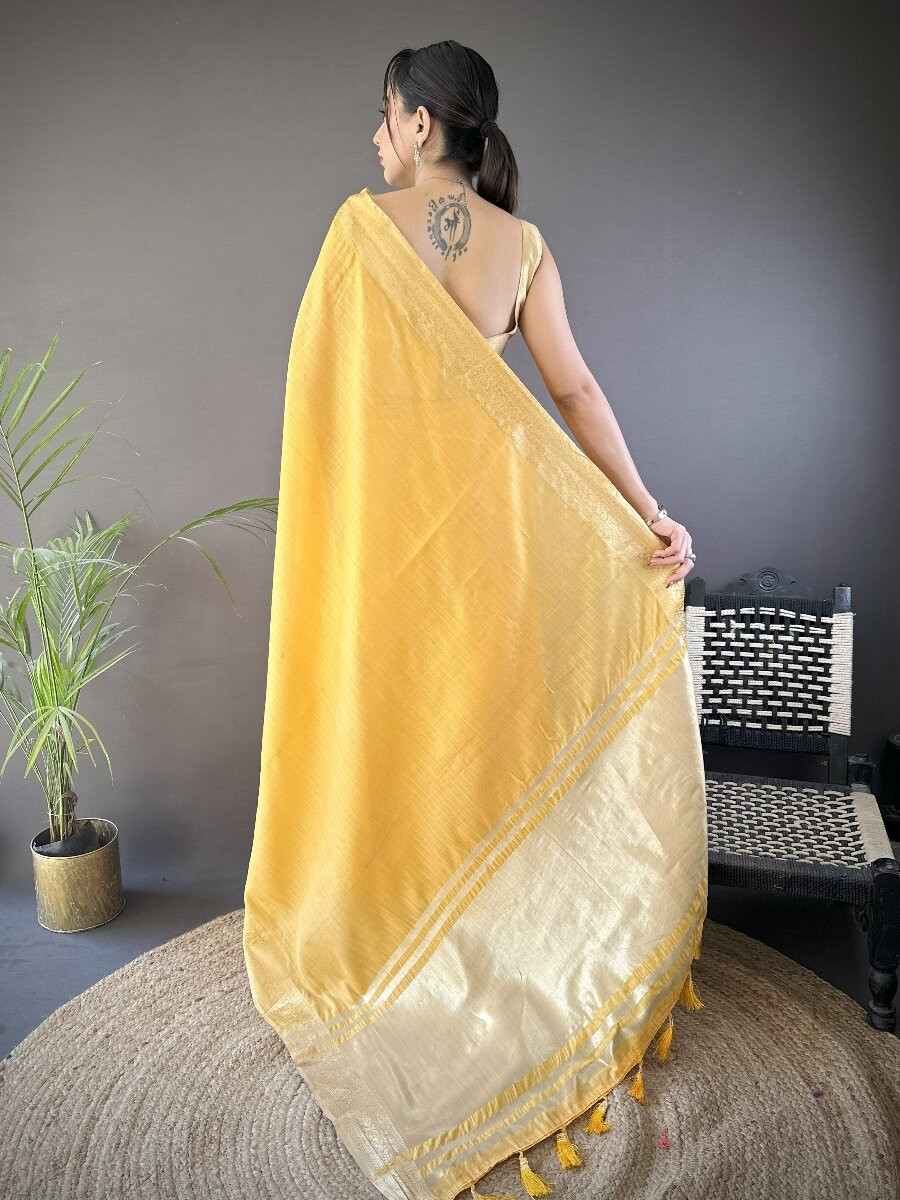 Yellow Soft Cotton Zari Wedding Reception Party Festival Heavy Border Sarees