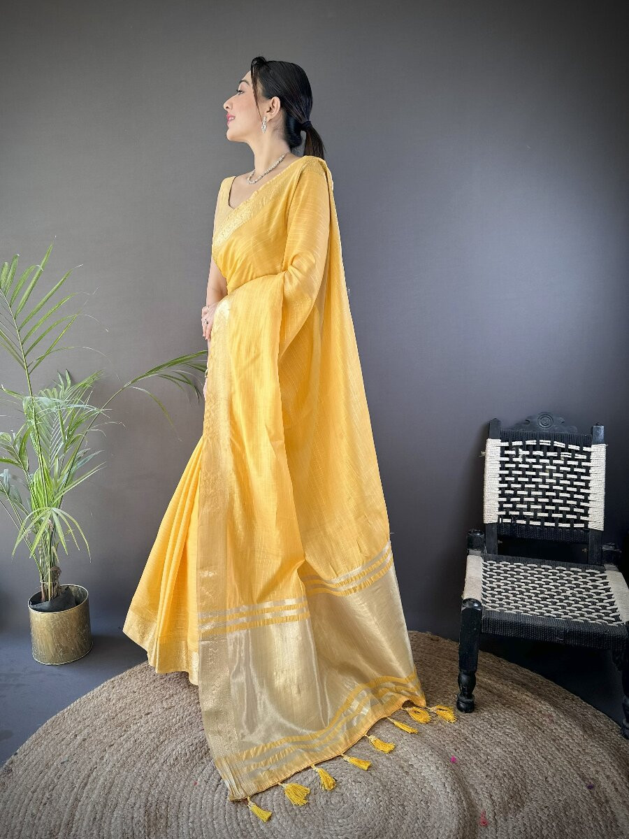 Yellow Soft Cotton Zari Wedding Reception Party Festival Heavy Border Sarees
