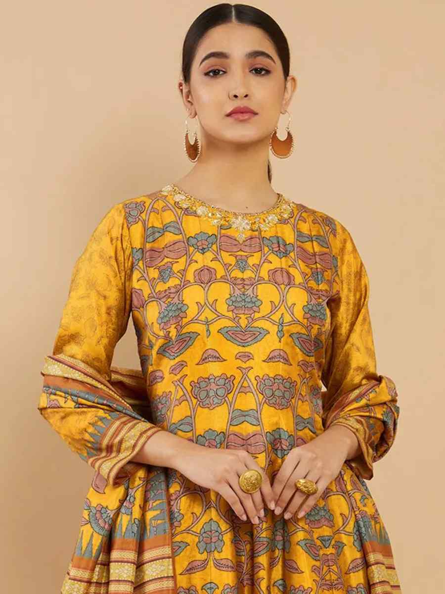 Yellow Soft Dola Silk Printed Festival Casual Ready Anarkali Salwar Kameez