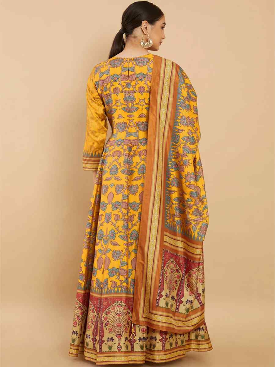 Yellow Soft Dola Silk Printed Festival Casual Ready Anarkali Salwar Kameez