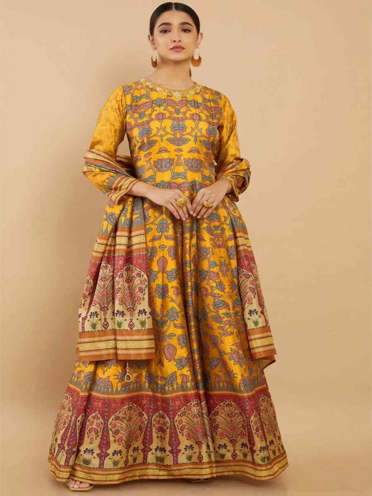 Yellow Soft Dola Silk Printed Festival Casual Ready Anarkali Salwar Kameez