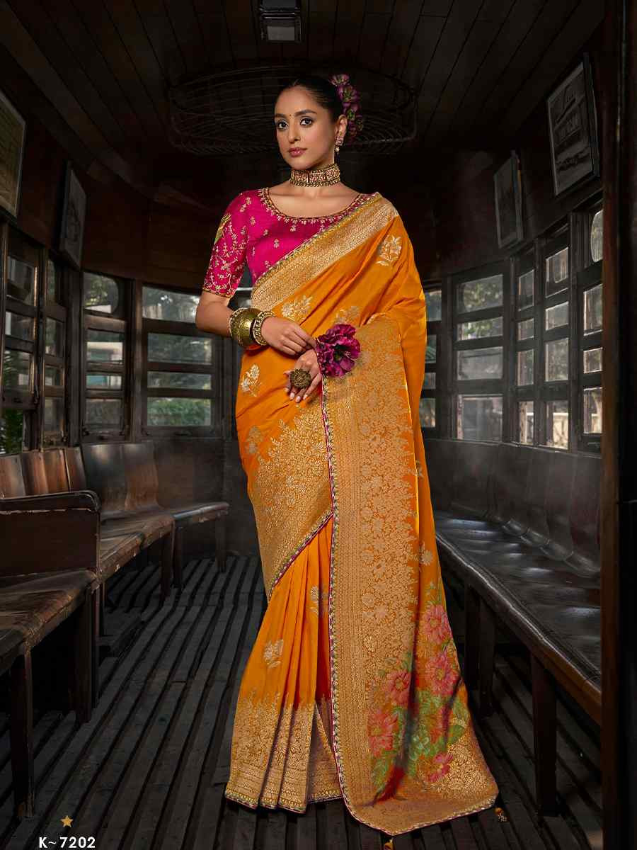 Yellow Soft Dola Viscose Silk Handwoven with Embroidered Festival Wedding Fancy Heavy Border Saree