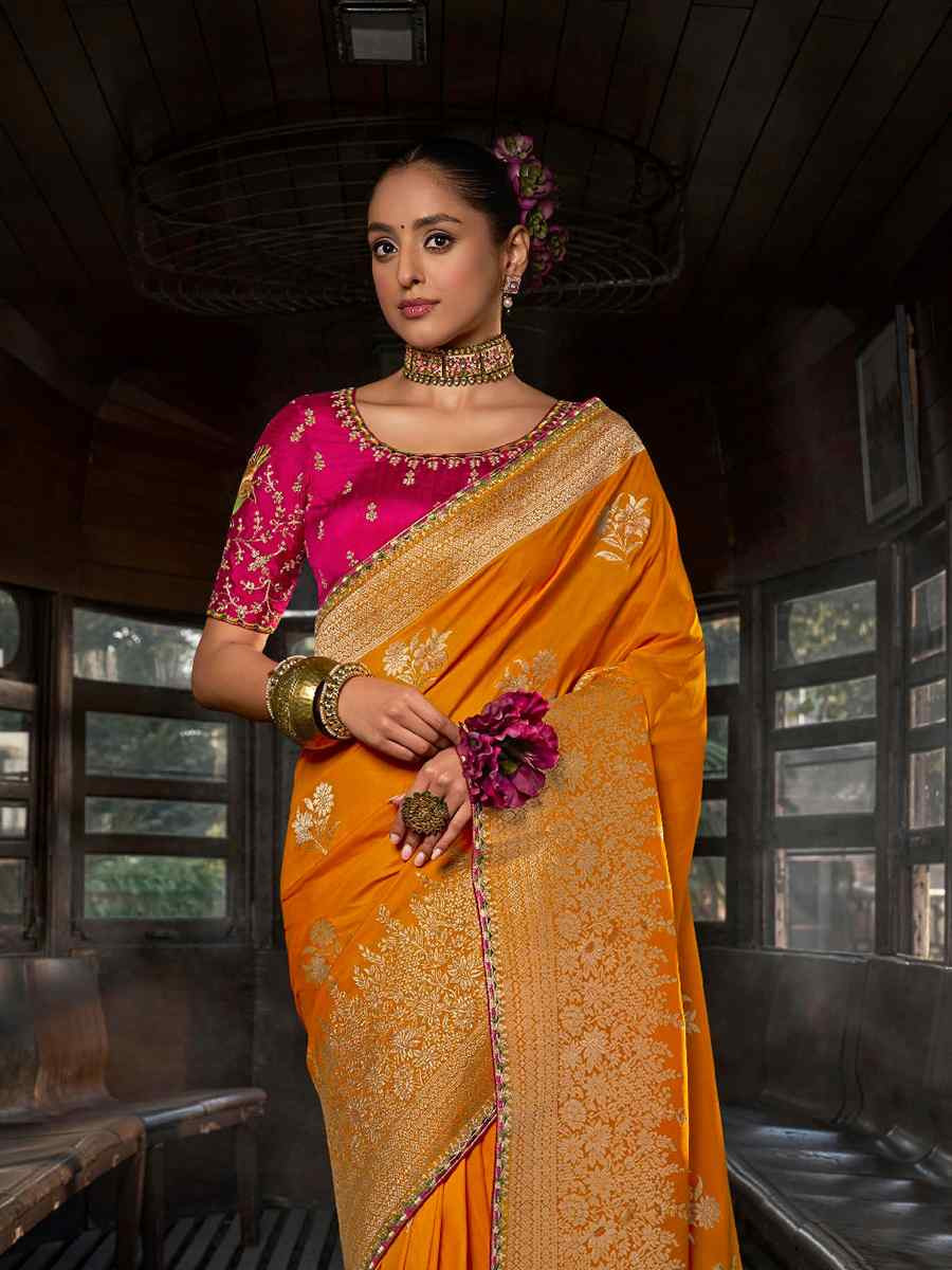 Yellow Soft Dola Viscose Silk Handwoven with Embroidered Festival Wedding Fancy Heavy Border Saree