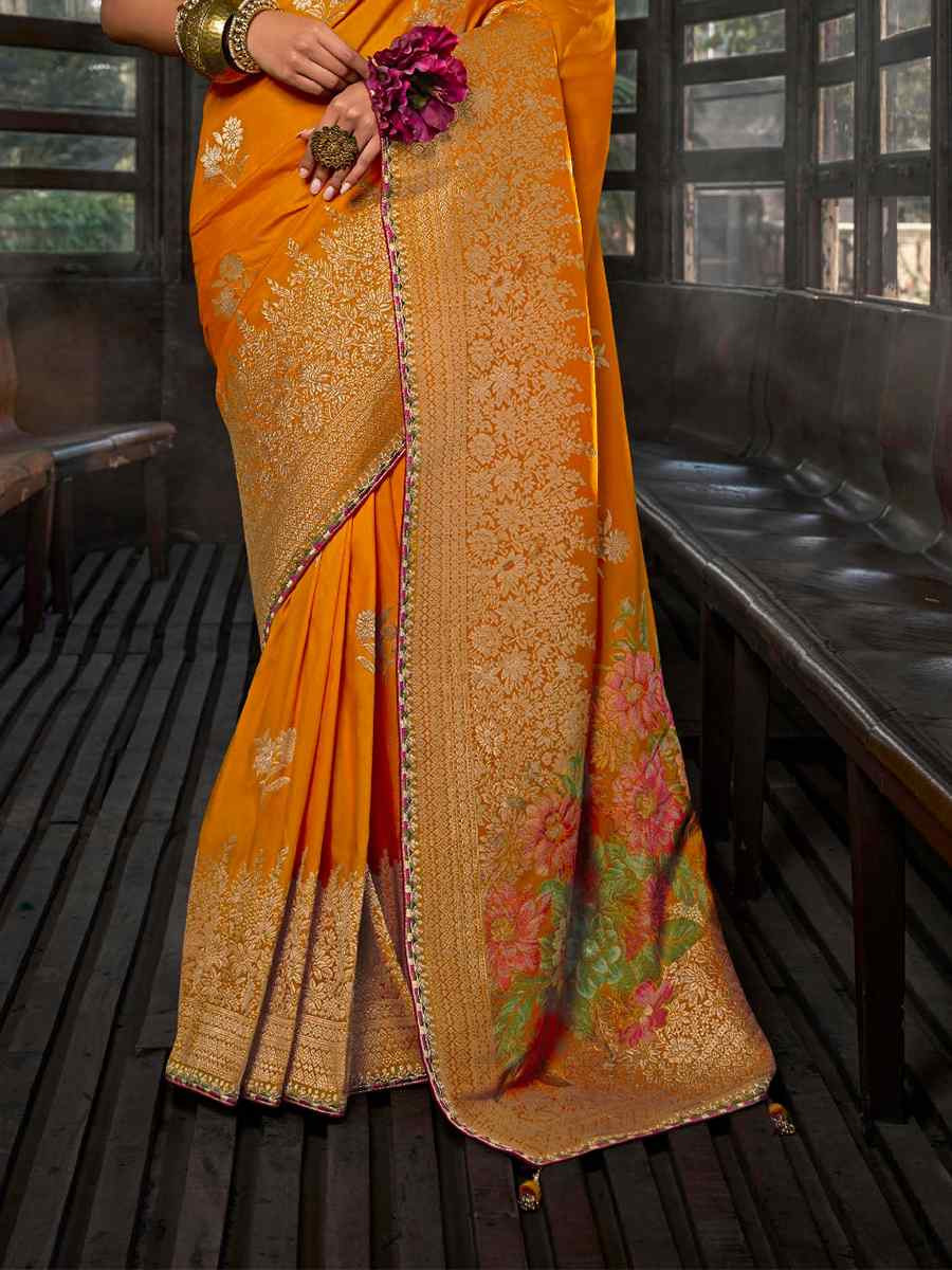 Yellow Soft Dola Viscose Silk Handwoven with Embroidered Festival Wedding Fancy Heavy Border Saree