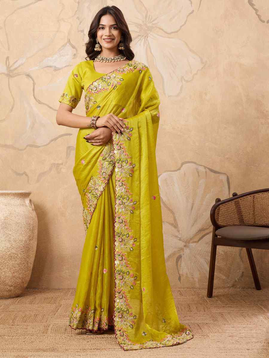 Yellow Soft Fendy Chiffon Embroidery Bridal Reception Festival Wedding Fancy Heavy Border Saree