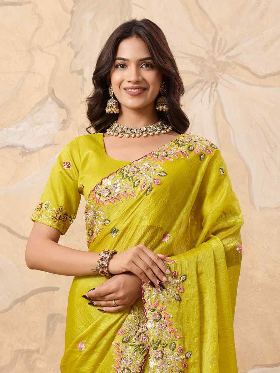 Yellow Soft Fendy Chiffon Embroidery Bridal Reception Festival Wedding Fancy Heavy Border Saree