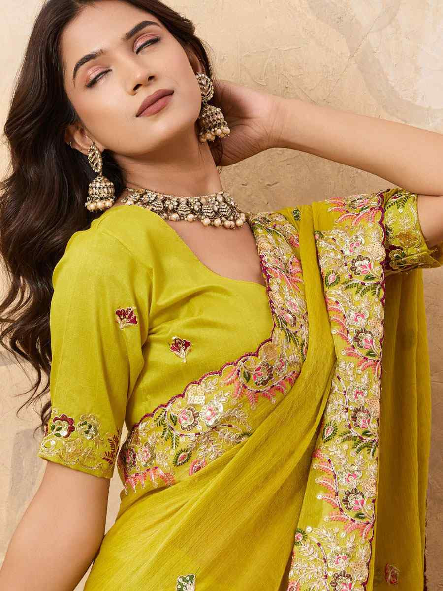 Yellow Soft Fendy Chiffon Embroidery Bridal Reception Festival Wedding Fancy Heavy Border Saree
