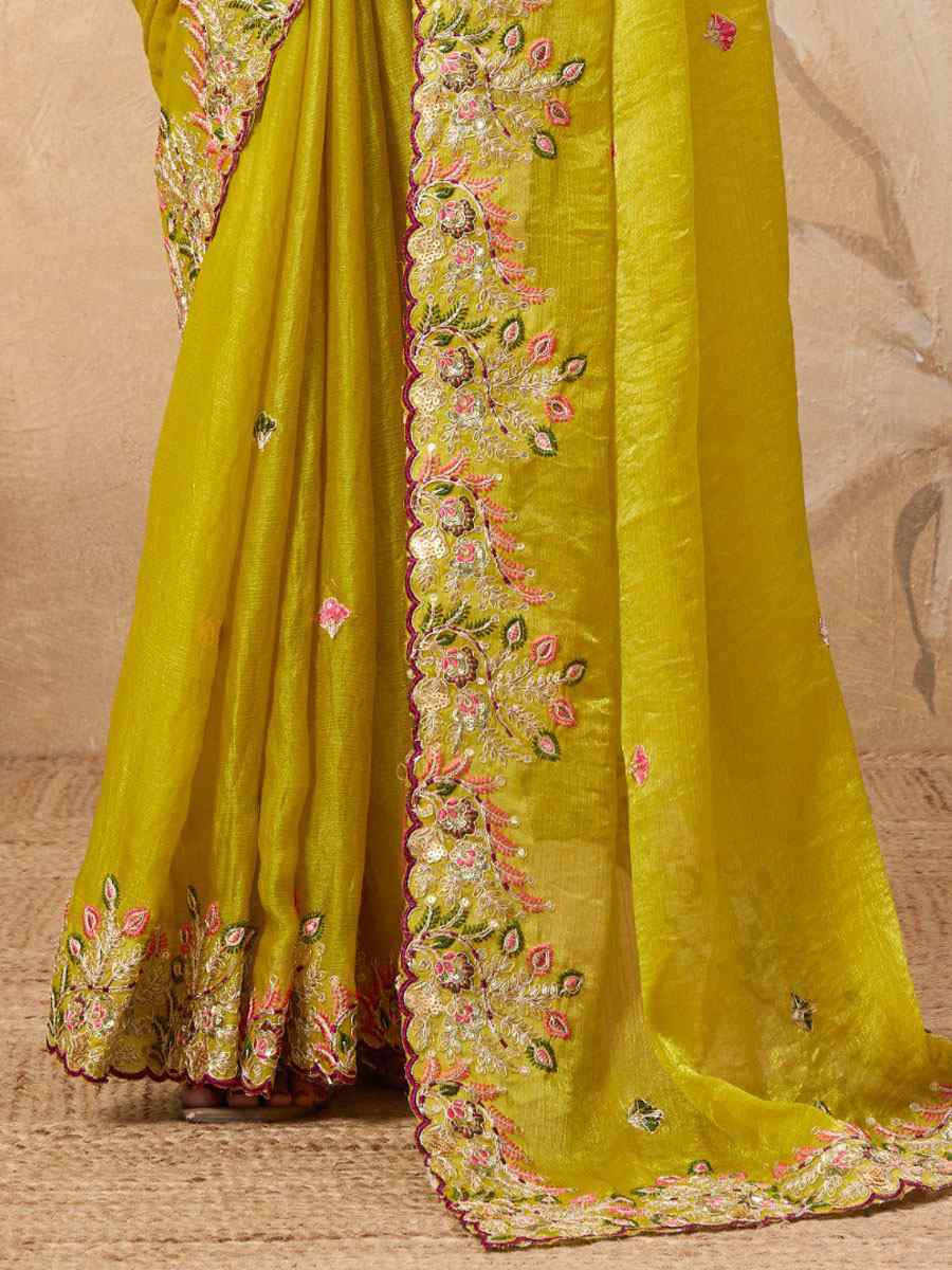 Yellow Soft Fendy Chiffon Embroidery Bridal Reception Festival Wedding Fancy Heavy Border Saree